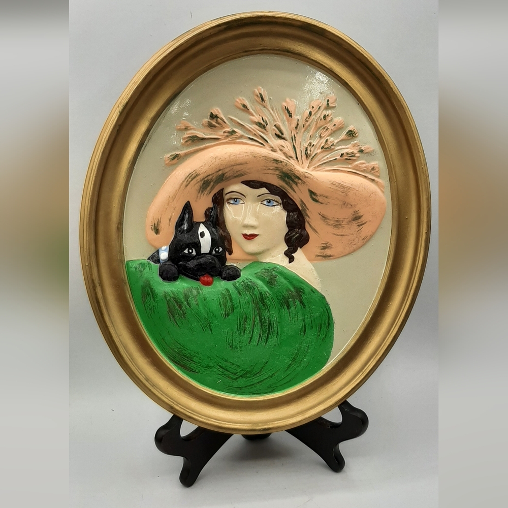Erma Gilliland Duncan Ceramic Wall Cameo Lady Terrier Dog Chalkware Fancy Hat